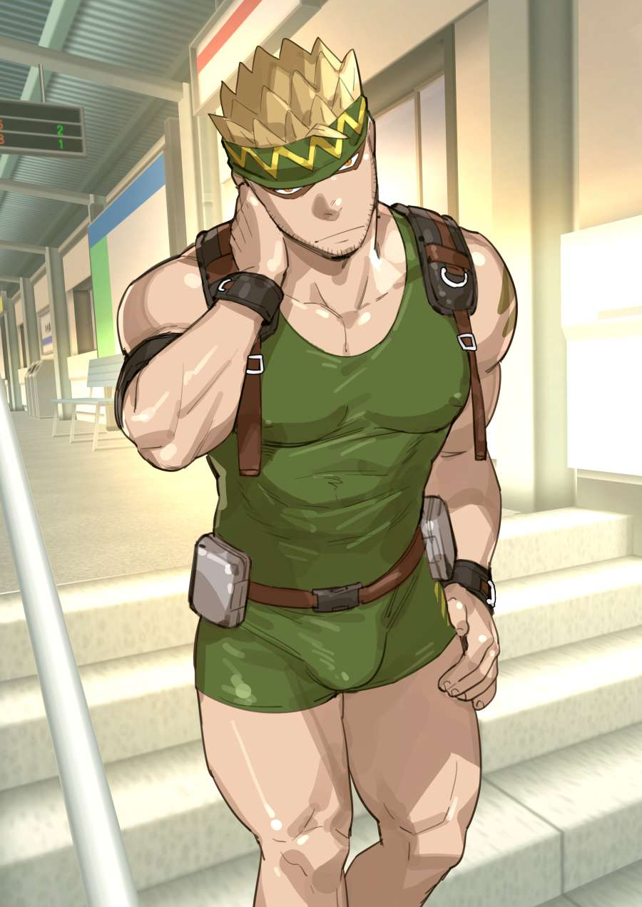 1boy abs armband bara belt blonde_hair bodysuit brown_eyes bulge closed_mouth covered_abs covered_nipples ero_condo facial_hair green_bodysuit green_hairband hairband hand_on_own_neck highres kienbiu large_pectorals looking_at_viewer male_focus muscular muscular_male nipples official_art pectorals punt_(kienbiu) short_hair skin_tight sleeveless solo spiked_hair thick_thighs thighs wristband