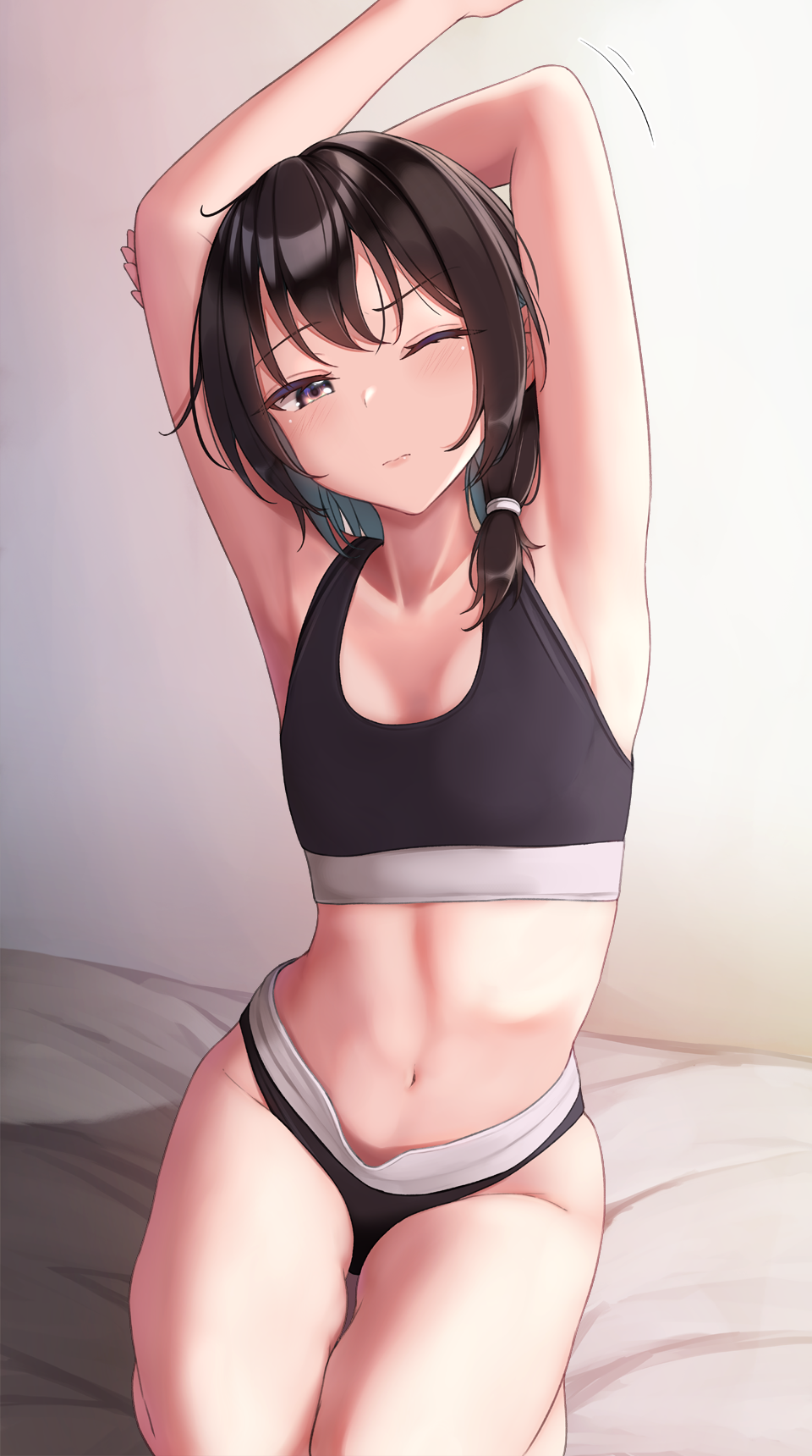 1girl alternate_costume armpits arms_up bare_legs bed_sheet black_bra black_hair black_panties blush bra breasts closed_mouth commentary eyebrows_visible_through_hair full_body fumei_(mugendai) highres lips looking_at_viewer medium_hair motion_lines navel on_bed one_eye_closed panties purple_eyes seiza short_ponytail sitting sleeveless small_breasts solo sports_bra stomach stretch thighs touhou underwear underwear_only usami_renko