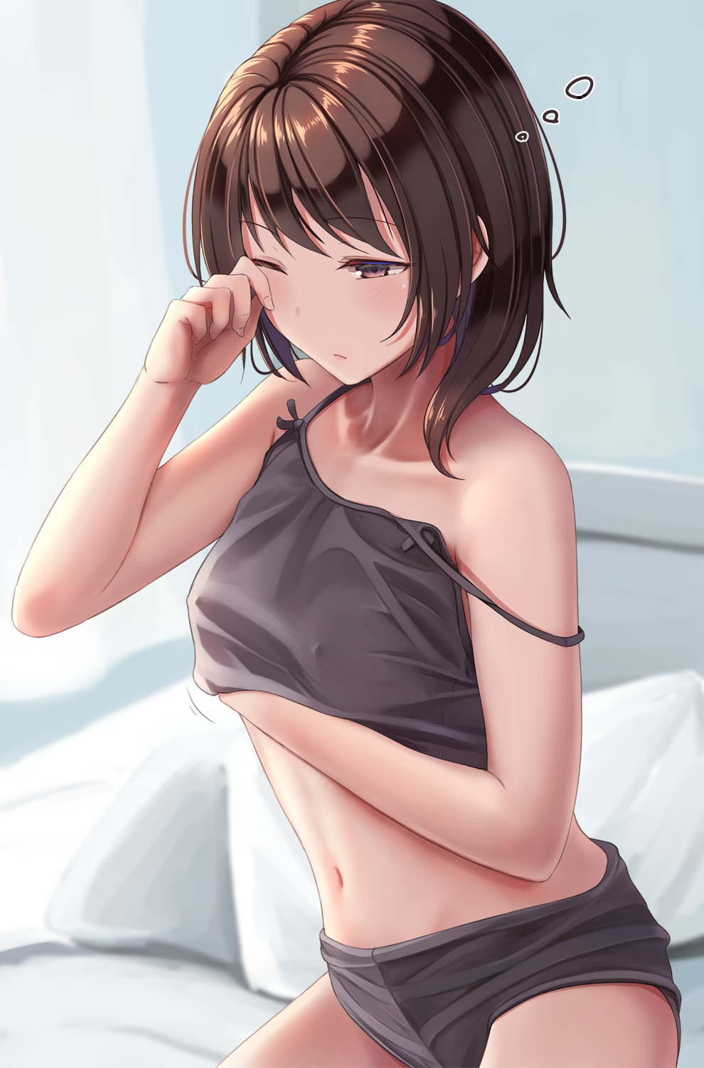 1girl alternate_costume asymmetrical_hair black_camisole black_shorts blurry blurry_background blush breasts brown_hair camisole closed_mouth commentary covered_nipples cowboy_shot day eyebrows_visible_through_hair fumei_(mugendai) half-closed_eye hand_under_clothes highres indoors navel on_bed one_eye_closed pillow purple_eyes rubbing_eyes short_hair short_shorts shorts sleepwear sleepy sleeveless small_breasts solo stomach strap_slip sunlight touhou usami_renko waking_up