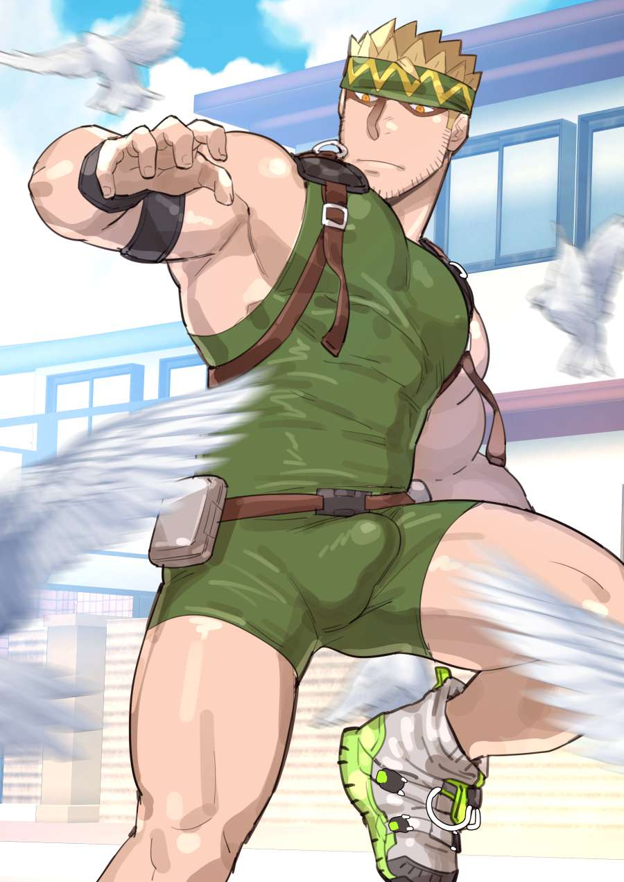1boy abs armband bara belt bird blonde_hair bodysuit brown_eyes bulge closed_mouth cloud cloudy_sky covered_abs covered_nipples day dove ero_condo facial_hair green_bodysuit green_hairband hairband highres kienbiu large_pectorals male_focus muscular muscular_male nipples official_art outdoors pectorals punt_(kienbiu) shoes short_hair sidepec skin_tight sky sleeveless sneakers solo spiked_hair thick_thighs thighs wristband