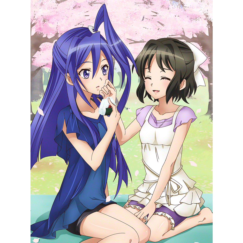 2girls artist_request black_hair blue_eyes blue_hair blush breasts closed_eyes collarbone eyebrows_visible_through_hair hair_ornament hair_ribbon kazanari_tsubasa kohinata_miku long_hair looking_at_another looking_at_viewer multiple_girls official_art open_mouth petals pillarboxed ribbon senki_zesshou_symphogear senki_zesshou_symphogear_xd_unlimited shiny shiny_hair short_hair side_ponytail sitting small_breasts smile yuri