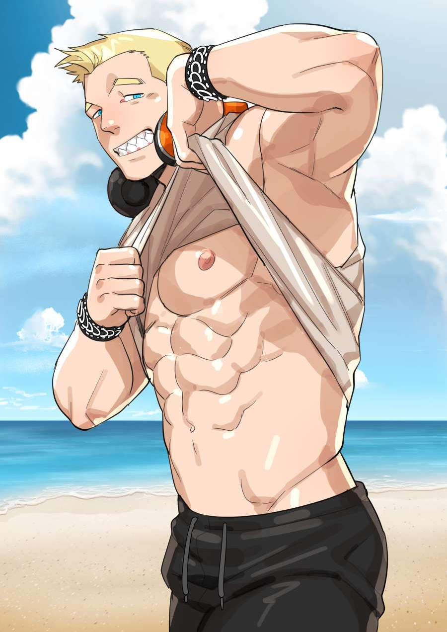 &gt;_o 1boy abs arm_up bara beach black_pants blonde_hair blue_eyes bracelet clothes_lift cloud cloudy_sky day earrings ero_condo headphones headphones_around_neck highres jewelry kienbiu large_pectorals lifted_by_self looking_at_viewer male_focus muscular muscular_male navel nipples official_art one_eye_closed outdoors pants pectorals sharp_teeth short_hair sky smile solo suplex_(ero_condo) tank_top teeth underpec white_tank_top