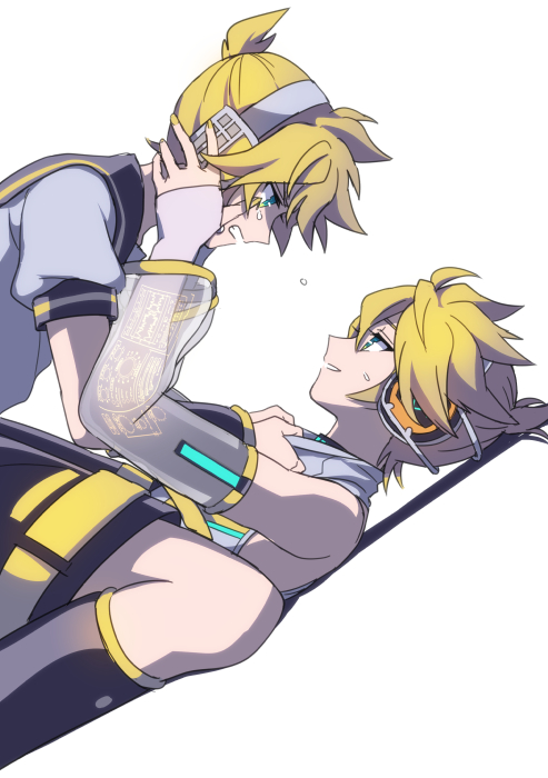 2boys akiyoshi_(tama-pete) blonde_hair collar_grab commentary crying crying_with_eyes_open detached_sleeves dual_persona dutch_angle hands_on_another's_head headphones kagamine_len kagamine_len_(append) lying multiple_boys on_back on_person sailor_collar see-through_sleeves short_hair short_sleeves shorts straddling tears vocaloid vocaloid_append