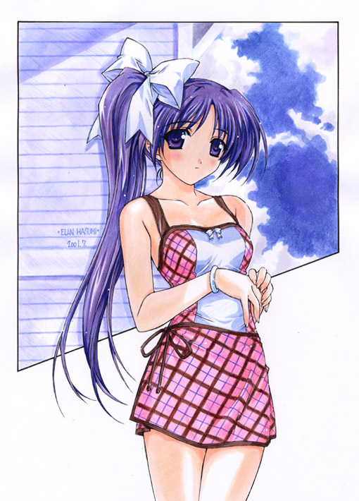 1girl 2001 argyle argyle_dress argyle_skirt artist_name bad_id bangle bangs bare_shoulders blush bow bracelet breasts closed_mouth eyebrows_visible_through_hair hair_bow hasumi_eran itou_noemi jewelry long_hair looking_at_viewer medium_breasts purple_eyes purple_hair shoulder_strap side_ponytail signature skirt solo standing white_bow with_you