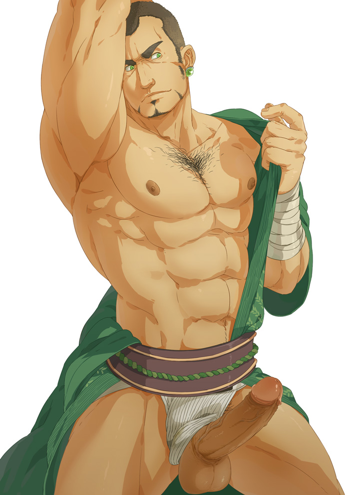 1boy abs armpits bandaged_arm bandages bara bare_pectorals bulge buzz_cut chest_hair clothing_aside earrings erection facial_hair feet_out_of_frame frown goatee green_eyes green_kimono japanese_clothes jewelry kimono large_pectorals loincloth loincloth_aside looking_to_the_side male_focus male_underwear male_underwear_aside mature_male muscular muscular_male navel navel_hair nipples open_clothes open_kimono original pectorals penis print_male_underwear short_hair sideburns solo stomach striped thick_thighs thighs uncensored underwear undressing very_short_hair white_male_underwear xiawenjie_(jason_ou_1990)