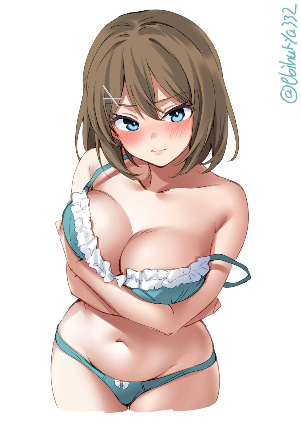 1girl aqua_bra aqua_panties arms_under_breasts bare_arms bare_shoulders blue_eyes blush bra breast_hold breasts brown_hair cleavage closed_mouth collarbone cowboy_shot cropped_legs crossed_arms ebifurya eyebrows_visible_through_hair frills groin hair_between_eyes hair_ornament highres kantai_collection large_breasts looking_at_viewer maya_(kancolle) navel panties short_hair simple_background solo stomach strap_slip twitter_username underwear underwear_only white_background x_hair_ornament