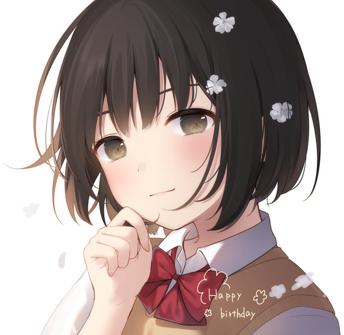 1girl amashiro_natsuki bangs birthday blush bob_cut borrowed_character bow bowtie brown_eyes brown_hair brown_sweater_vest close-up closed_mouth collared_shirt commentary dress_shirt flower gift_art hair_flower hair_ornament hair_strand hand_on_own_chin happy_birthday head_tilt light_smile looking_at_viewer mochizuki_chihiro original portrait red_bow red_bowtie red_neckwear second-party_source shirt short_hair simple_background smile solo sweater_vest white_background white_flower white_shirt