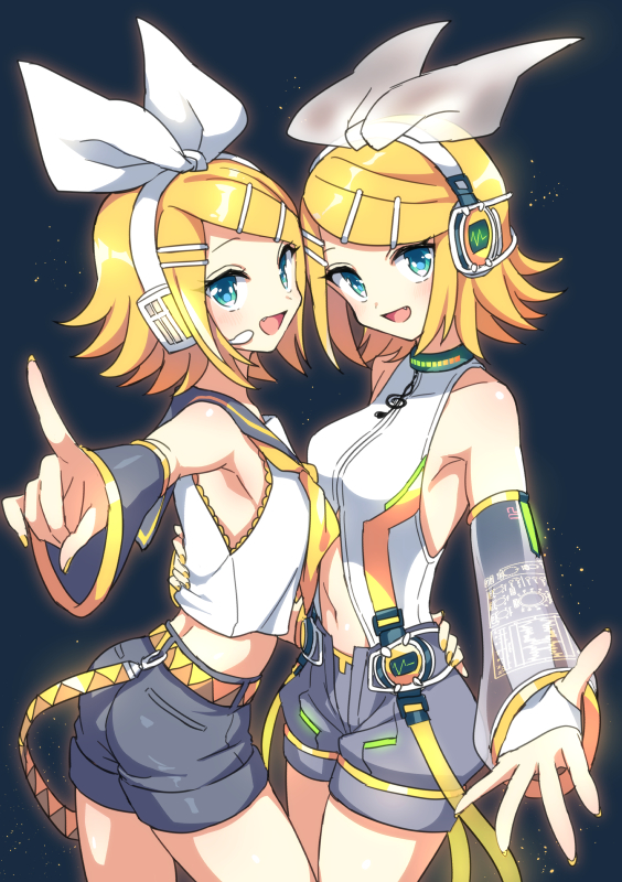 2girls :d akiyoshi_(tama-pete) bangs bare_shoulders blonde_hair blue_eyes bow clothing_cutout commentary cowboy_shot detached_sleeves dual_persona elbow_gloves fang fingerless_gloves gloves grey_shorts hair_bow hair_ornament hairclip headphones index_finger_raised kagamine_rin kagamine_rin_(append) looking_at_viewer midriff multiple_girls nail_polish navel open_mouth puffy_shorts ribbon sailor_collar shirt short_hair shorts sleeveless sleeveless_shirt smile standing stomach_cutout swept_bangs vocaloid vocaloid_append white_bow yellow_nails