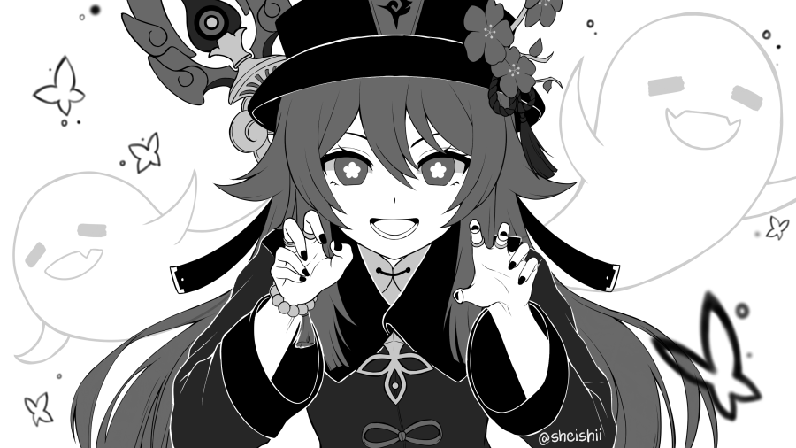 1girl :d bangs bead_bracelet beads black_nails bracelet bug butterfly claw_pose coat commentary english_commentary flower flower-shaped_pupils genshin_impact ghost greyscale hat hat_flower hu_tao_(genshin_impact) jewelry long_hair long_sleeves monochrome multiple_rings polearm polearm_behind_back porkpie_hat ring sheishii shirt sidelocks smile solo staff_of_homa_(genshin_impact) symbol-shaped_pupils thumbnail_surprise transparent_background twintails upper_body weapon