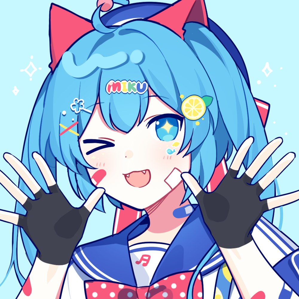 &gt;_o 1girl :3 :d bandaid bandaid_on_arm bandaid_on_face bangs beret black_gloves blue_eyes blue_hair blue_headwear blue_sailor_collar bow bowtie character_name enskkt fangs fingerless_gloves food-themed_hair_ornament gloves hair_bow hair_ornament hat hat_bow hatsune_miku lemon_hair_ornament long_hair looking_at_viewer one_eye_closed pink_bow pink_bowtie polka_dot polka_dot_bow polka_dot_neckwear sailor_collar shirt smile solo sparkle twintails upper_body vocaloid white_shirt x_hair_ornament