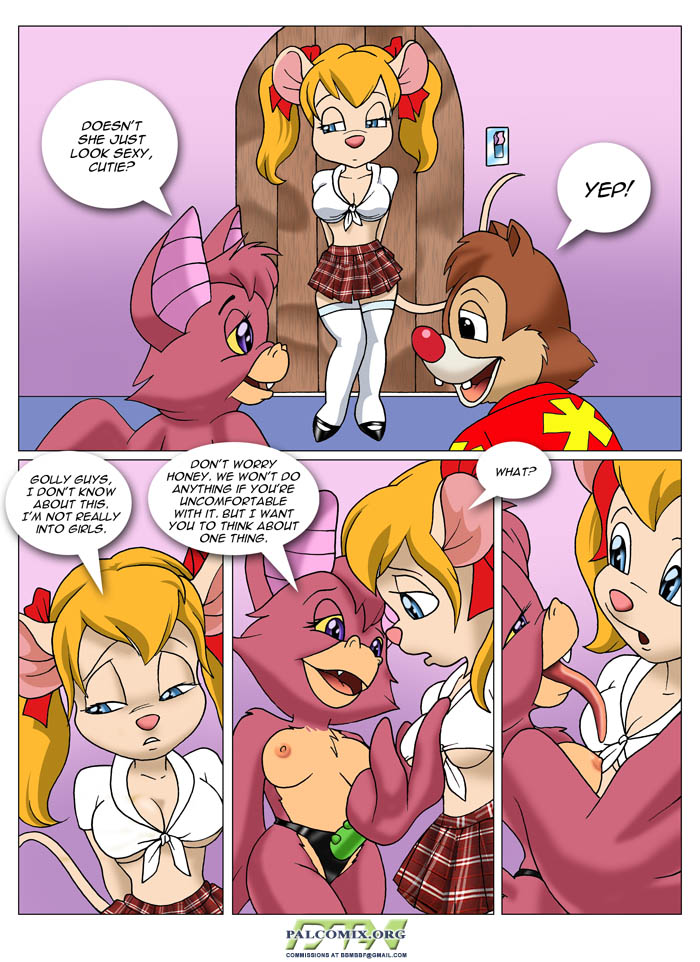 bbmbbf breasts chip_'n_dale_rescue_rangers chip_'n_dale_rescue_rangers chipmunk clothed clothing comic dale dale_(cdrr) dialog dildo disney english_text female foxglove gadget_hackwrench half-dressed male mammal mouse nipples palcomix rodent school_uniform schoolgirl_uniform sex_toy skimpy strapon text tongue tongue_out topless