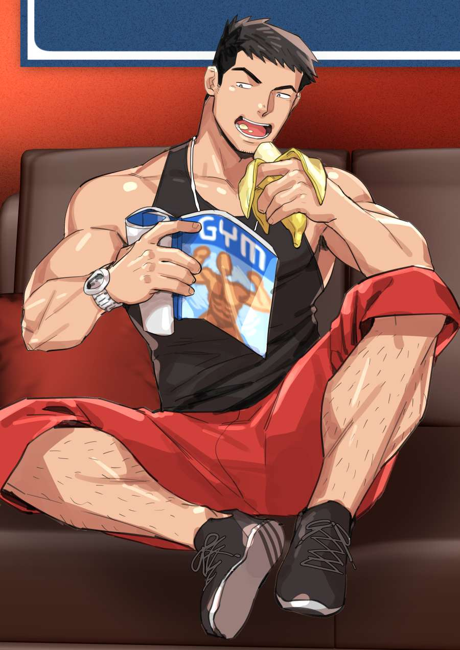 1boy armpit_hair armpit_peek banana bara black_footwear black_hair black_tank_top couch eating ero_condo facial_hair food fruit highres holding holding_food holding_fruit holding_magazine kienbiu magazine_(object) male_focus muscular muscular_male nguyen_hoan_(ero_condo) official_art on_couch open_magazine open_mouth red_shorts shoes short_hair shorts sitting sneakers solo tank_top watch wristwatch