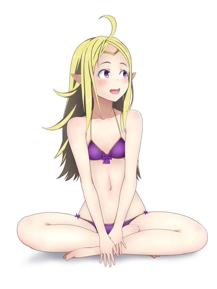 1girl ahoge alternate_costume bikini commentary_request fire_emblem fire_emblem_awakening fire_emblem_heroes full_body green_hair long_hair looking_to_the_side manakete navel nowi_(fire_emblem) open_mouth pointy_ears ponytail purple_bikini purple_eyes revision simple_background smile solo sutee_(ripobita) swimsuit white_background