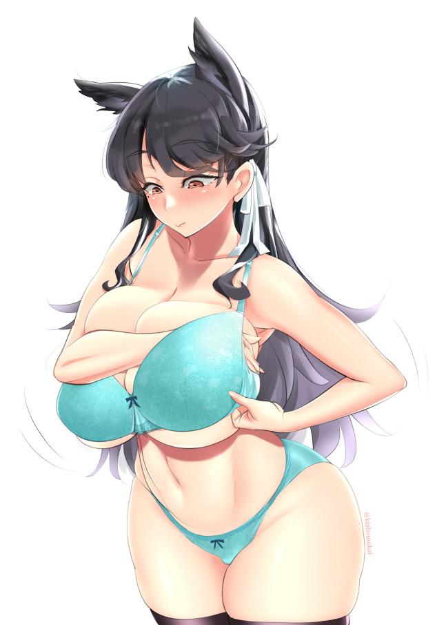 1girl animal_ears aqua_bra aqua_panties artist_name atago_(azur_lane) azur_lane black_hair black_legwear blush bra breast_press breasts extra_ears eyebrows_visible_through_hair hair_ribbon huge_breasts konmori_(kinbou_sokai) lingerie long_hair orange_hair panties ribbon simple_background skindentation solo standing thighhighs underwear white_background white_ribbon