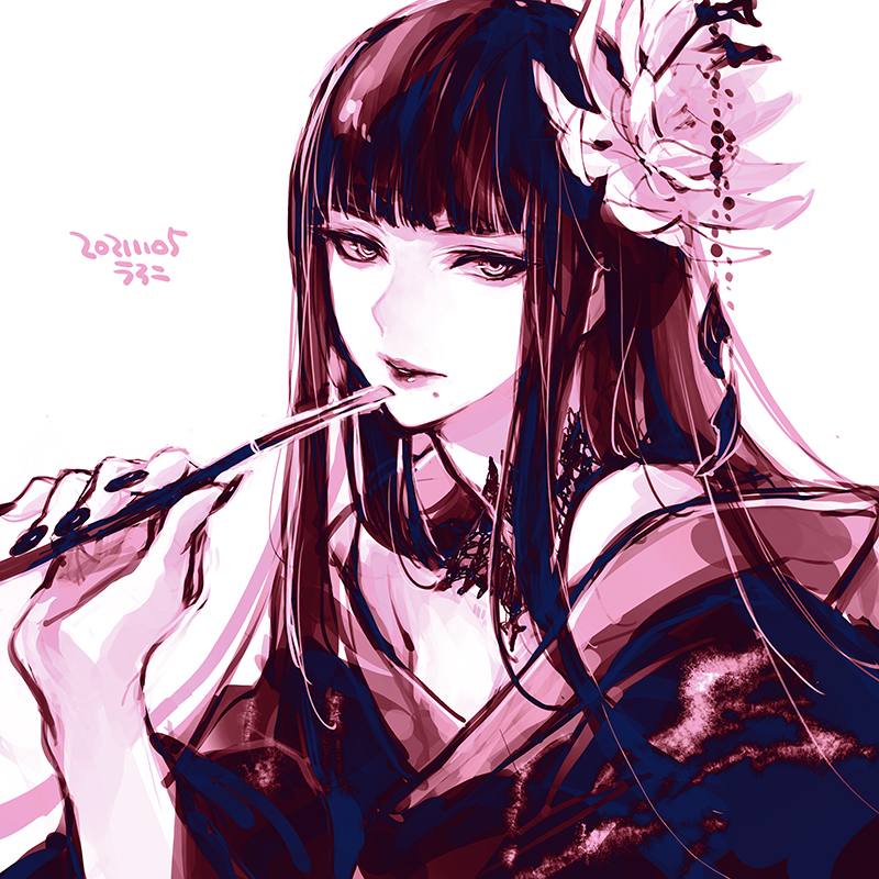1girl bangs bare_shoulders black_nails blunt_bangs commentary dated final_fantasy final_fantasy_xiv flower hair_flower hair_ornament hand_up holding holding_pipe hyur kiseru lace_collar limited_palette long_hair looking_at_viewer mole mole_under_mouth off-shoulder_kimono parted_lips pipe portrait sidelocks signature simple_background solo uroko_(mnr) white_background yotsuyu_(ff14)