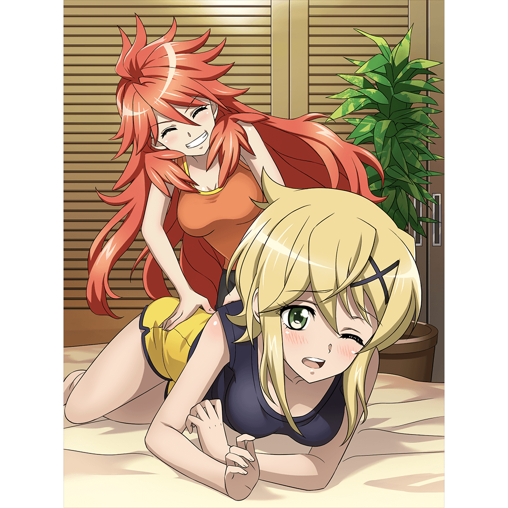 2girls akatsuki_kirika amou_kanade artist_request bed black_tank_top blonde_hair blush breasts closed_eyes green_eyes grin hair_ornament indoors long_hair massage medium_breasts multiple_girls official_art on_bed one_eye_closed open_mouth orange_tank_top plant potted_plant red_hair senki_zesshou_symphogear senki_zesshou_symphogear_xd_unlimited shiny shiny_hair shorts smile tank_top x_hair_ornament yellow_shorts