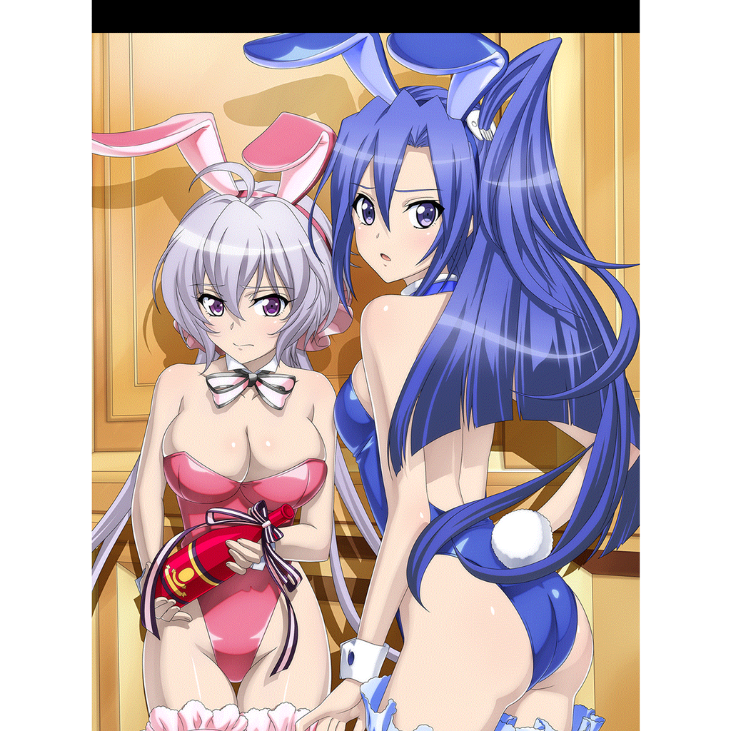 2girls animal_ears artist_request ass blue_eyes blue_hair blue_leotard blush bow bowtie breasts cleavage closed_mouth eyebrows_visible_through_hair fake_animal_ears groin indoors kazanari_tsubasa large_breasts leotard long_hair looking_at_viewer multiple_girls official_art open_mouth pink_leotard purple_eyes rabbit_ears rabbit_tail senki_zesshou_symphogear senki_zesshou_symphogear_xd_unlimited shiny shiny_hair side_ponytail silver_hair skindentation small_breasts tail twintails yukine_chris