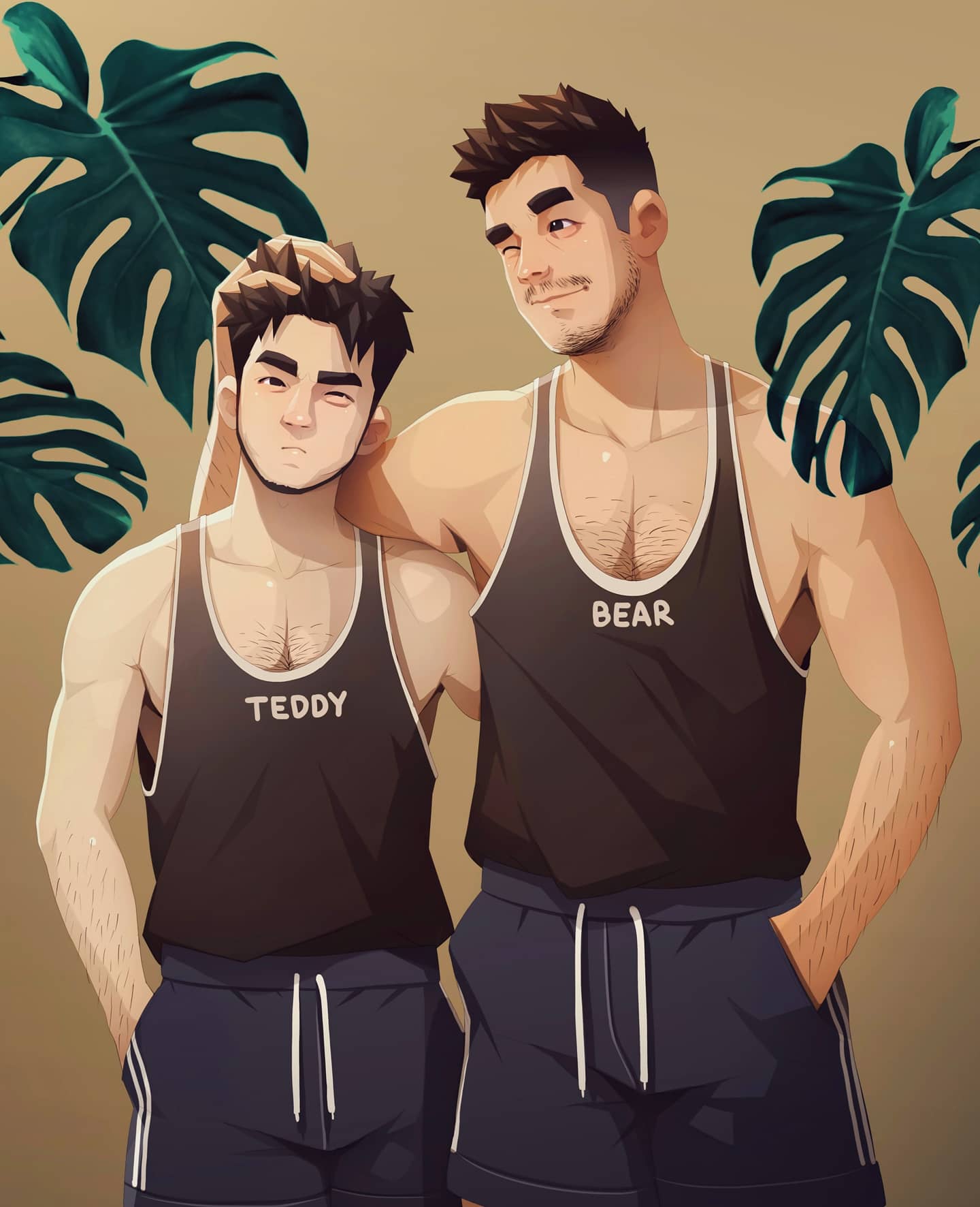 2boys arm_hair bara beard black_hair black_shorts black_tank_top chest_hair closed_mouth couple facial_hair hand_in_pocket hand_on_another's_head headpat highres large_pectorals looking_at_another male_focus multiple_boys nerdyart1 one_eye_closed original pectorals short_hair shorts sidepec smile tank_top yaoi