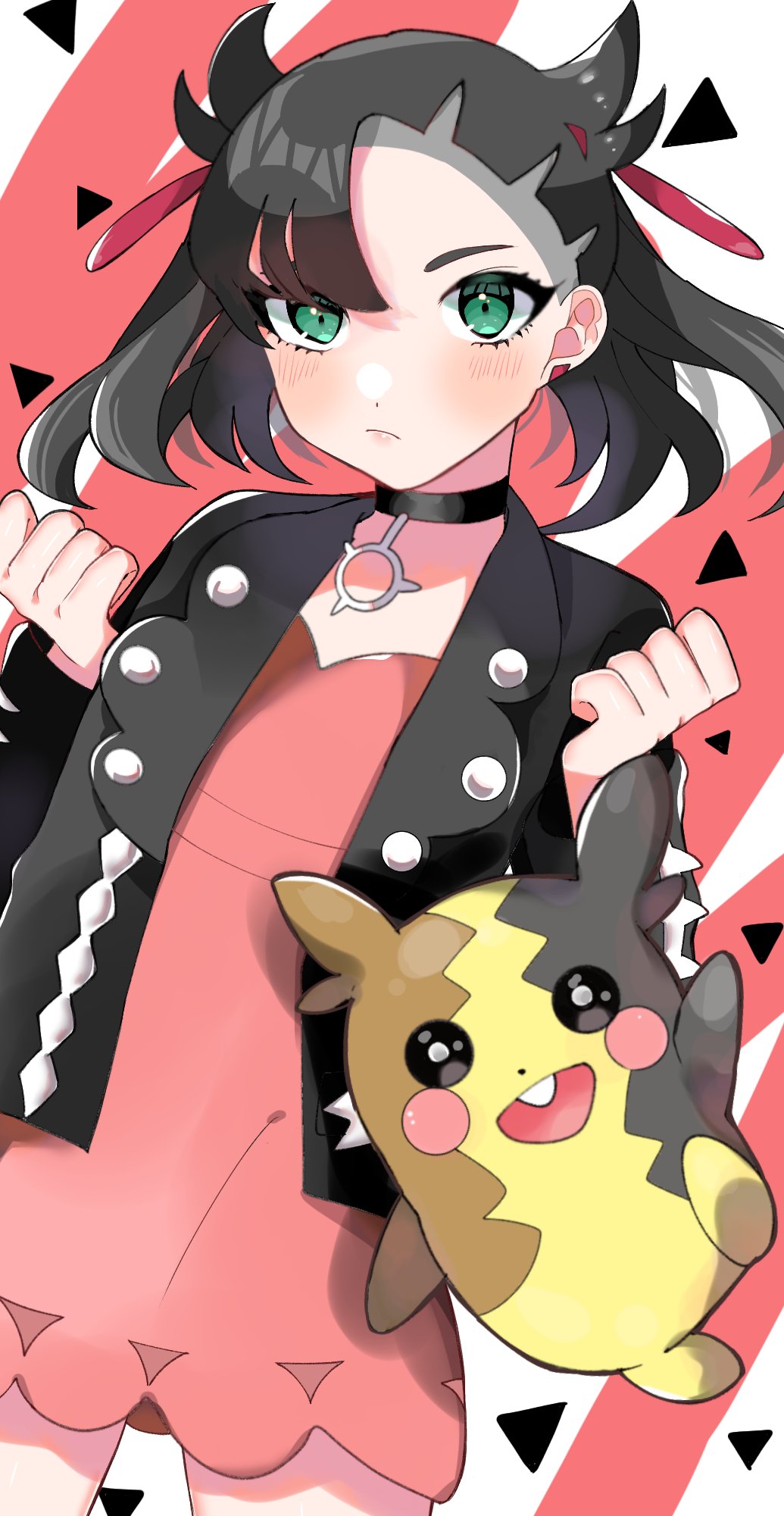 1girl asymmetrical_bangs bangs black_choker black_hair black_jacket blush choker clenched_hands closed_mouth commentary_request dress earrings eyelashes green_eyes hair_ribbon hands_up highres jacket jewelry long_sleeves looking_at_viewer marnie_(pokemon) morpeko morpeko_(full) open_clothes open_jacket pink_dress pokemon pokemon_(creature) pokemon_(game) pokemon_swsh red_ribbon revision ribbon ume_(ume_445)
