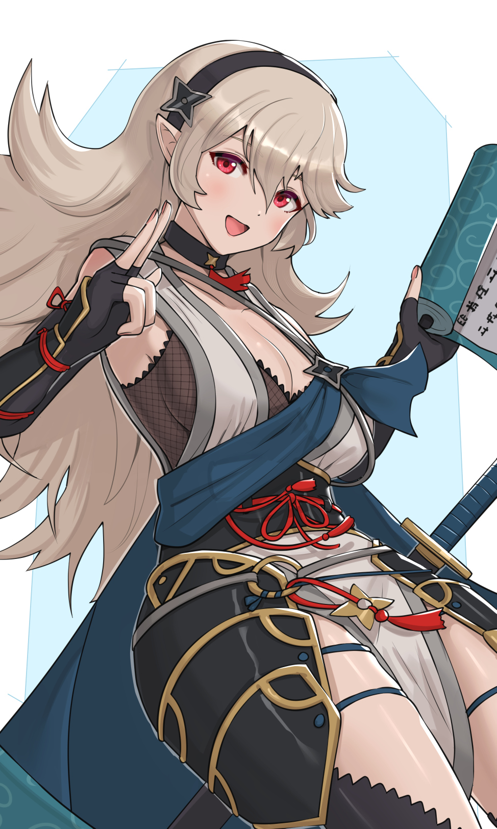 1girl alternate_costume armor bangs blush bodysuit breasts corrin_(fire_emblem) corrin_(fire_emblem)_(female) fire_emblem fire_emblem_fates fire_emblem_heroes fishnets gloves gonzarez hair_between_eyes hair_ornament hairband highres japanese_clothes kimono kunai long_hair looking_at_viewer manakete ninja official_alternate_costume open_mouth pointy_ears red_eyes scarf short_kimono silver_hair simple_background smile solo thighhighs weapon white_hair