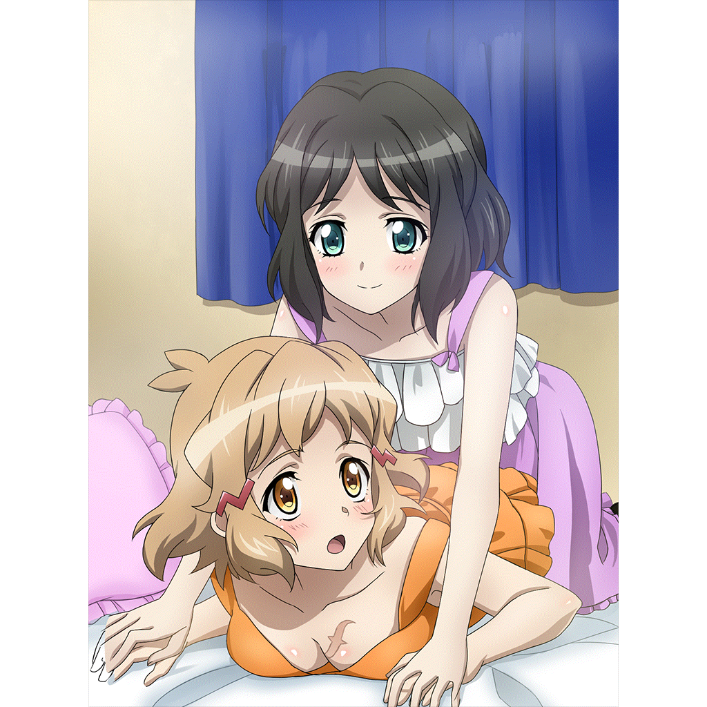 2girls artist_request bare_shoulders bed black_hair blonde_hair blue_eyes blush breasts brown_eyes cleavage closed_mouth collarbone eyebrows_visible_through_hair hair_ornament hairclip holding_hands indoors kohinata_miku multiple_girls official_art on_bed open_mouth scar senki_zesshou_symphogear senki_zesshou_symphogear_xd_unlimited shiny shiny_hair shiny_skin short_hair small_breasts smile tachibana_hibiki_(symphogear) yuri
