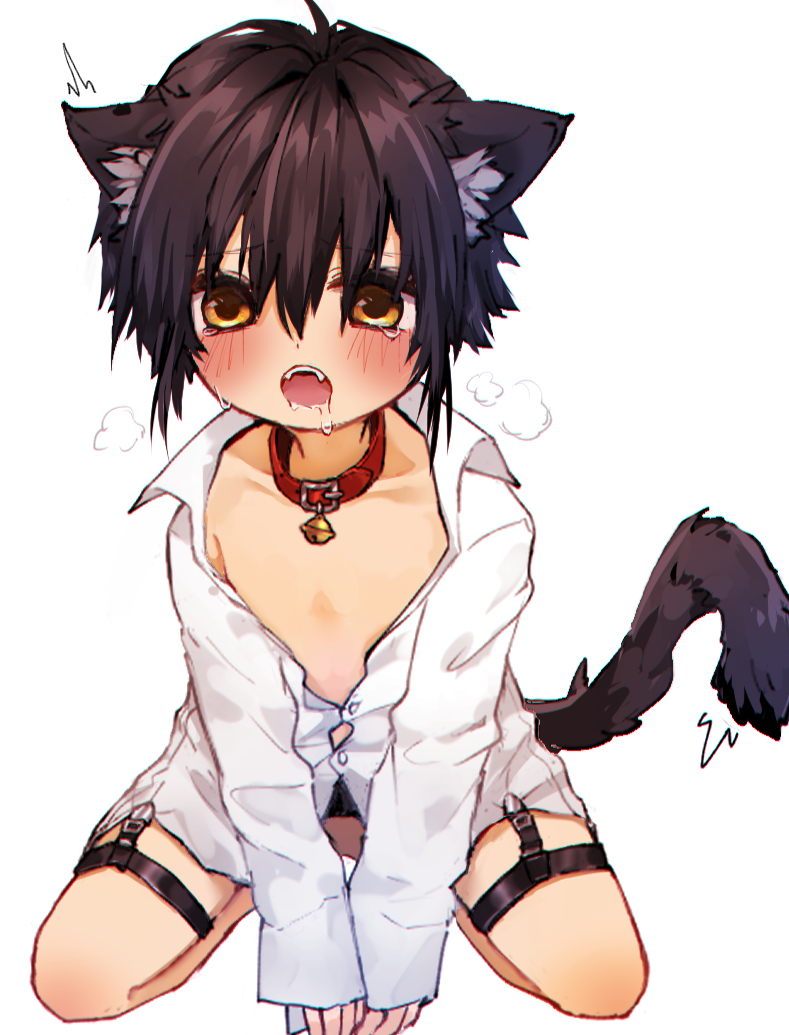 1boy animal_ears bell black_hair cat_ears cat_tail drooling fangs flush heavy_breathing jingle_bell looking_at_viewer male_focus original paw_pose saliva shirt solo tail teeth toron_0812 unbuttoned white_background white_shirt yellow_eyes