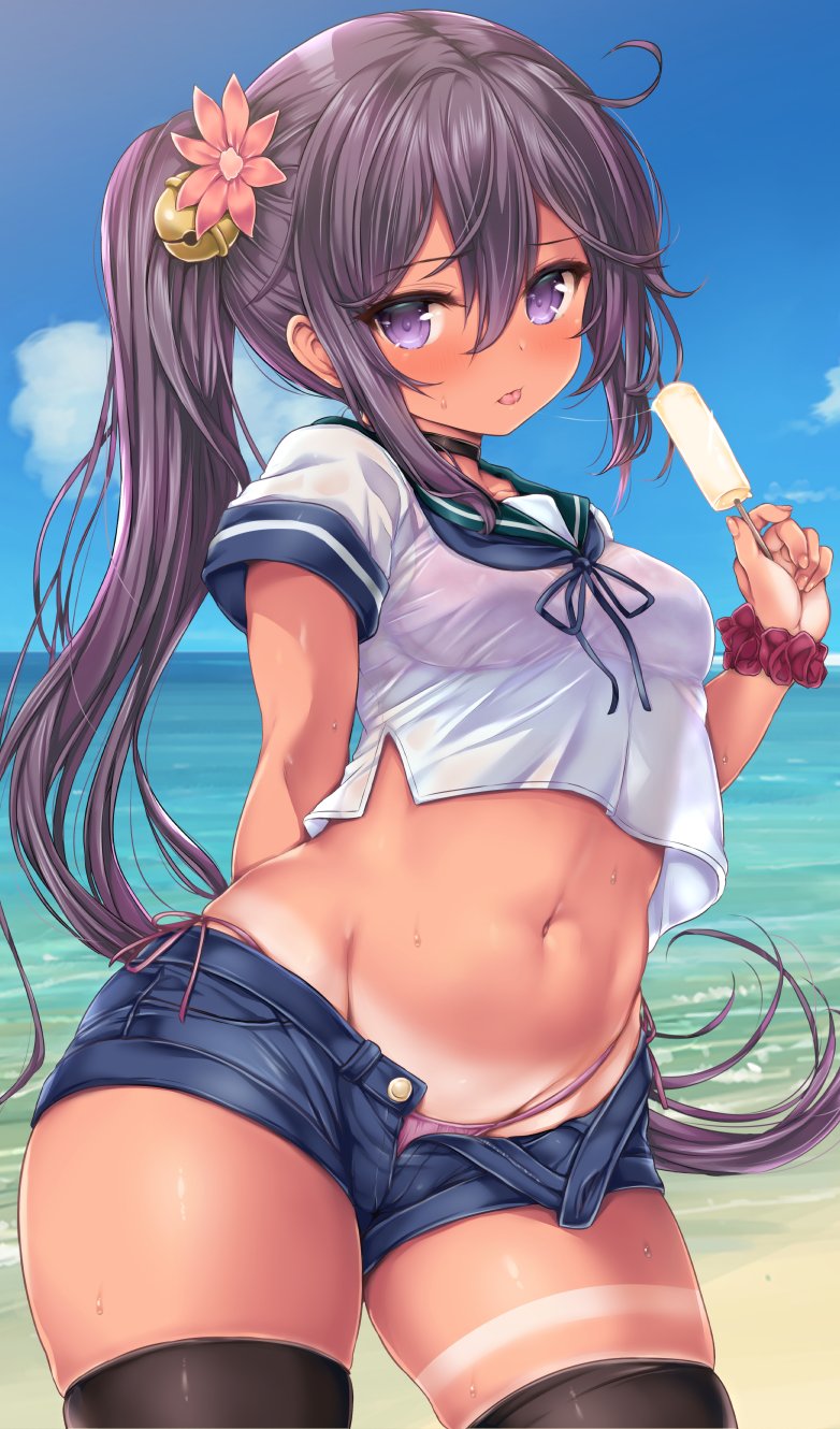 1girl akebono_(kancolle) alternate_costume beach bell bikini bikini_bottom black_legwear blue_shorts blush breasts cowboy_shot crop_top day denim denim_shorts eyebrows_visible_through_hair flower food green_sailor_collar groin hair_bell hair_between_eyes hair_flower hair_ornament highleg highres holding holding_food jingle_bell kantai_collection long_hair looking_at_viewer midriff navel nijimoto_hirok ocean open_fly pink_bikini pink_flower popsicle purple_eyes purple_hair red_scrunchie sailor_collar saliva saliva_trail school_uniform scrunchie see-through serafuku short_shorts short_sleeves shorts side_ponytail skindentation solo sweat swimsuit tan tanlines thighhighs thighs tongue tongue_out very_long_hair wrist_scrunchie