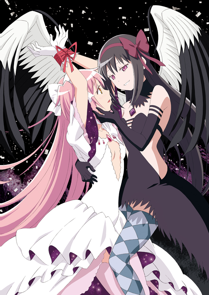 2girls akemi_homura akuma_homura arms_up ayukko_(forest_village) bangs bare_shoulders bdsm black_gloves black_hair black_vs_white blush bondage bound bound_wrists bow breasts checkered checkered_legwear cleavage commentary_request dress elbow_gloves eye_contact frills from_side gloves hair_bow hair_ribbon hand_on_another's_cheek hand_on_another's_face hug kaname_madoka long_hair looking_at_another magical_girl mahou_shoujo_madoka_magica mahou_shoujo_madoka_magica_movie multiple_girls official_style open_mouth photoshop_(medium) pink_eyes pink_hair pink_legwear revision ribbon small_breasts smile spoilers thighhighs two_side_up ultimate_madoka white_gloves wings yuri