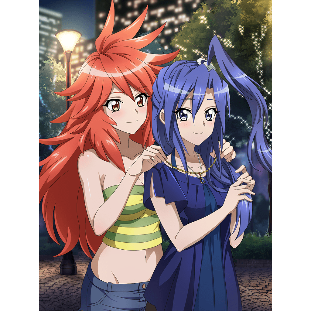 2girls amou_kanade artist_request blue_dress blue_eyes blue_hair blue_shorts blush breasts brown_eyes cleavage closed_mouth collarbone dress jewelry kazanari_tsubasa large_breasts long_hair looking_at_another midriff multiple_girls navel necklace official_art outdoors red_hair senki_zesshou_symphogear senki_zesshou_symphogear_xd_unlimited shiny shiny_hair shorts side_ponytail small_breasts smile strapless tube_top yuri