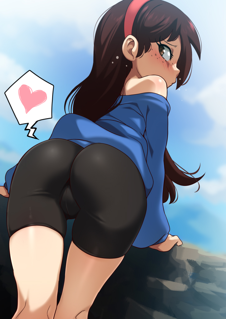 1girl ass bent_over bike_shorts black_shorts blue_shirt blue_sky blush brown_eyes brown_hair cloud commentary english_commentary freckles from_below hairband heart jcm2 kneepits leaning leaning_on_object long_hair long_sleeves looking_at_viewer looking_back looking_down off-shoulder_shirt off_shoulder outdoors puffy_long_sleeves puffy_sleeves red_hairband shirt shorts sid_chang skin_tight skindentation sky solo speech_bubble spoken_heart the_casagrandes the_loud_house