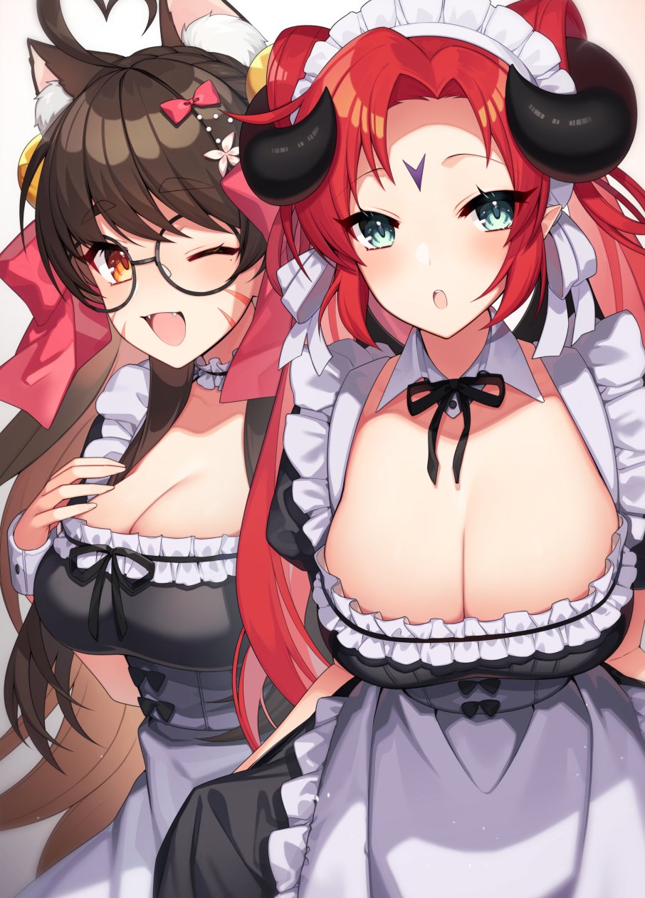 2girls ;d ahoge animal_ear_fluff animal_ears aqua_eyes black_horns black_neckwear black_ribbon breasts brown_hair choker cleavage commentary_request commission detached_collar eyebrows_visible_through_hair facial_mark fangs frilled_choker frills glasses highres horns kinsenka_momi large_breasts long_hair looking_at_viewer multiple_girls one_eye_closed original red_hair ribbon round_eyewear skeb_commission smile thick_eyebrows whisker_markings white_choker