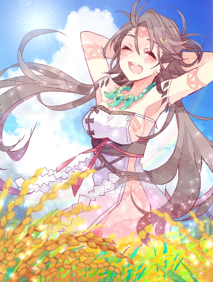 1girl ame_katsu armpits arms_behind_head arms_up bare_shoulders blue_sky body_markings breasts brown_hair cleavage closed_eyes dress facial_mark fate/grand_order fate_(series) forehead forehead_mark himiko_(fate) large_breasts long_hair magatama magatama_necklace open_mouth sash side_slit sideboob sky smile thighs topknot twintails white_dress