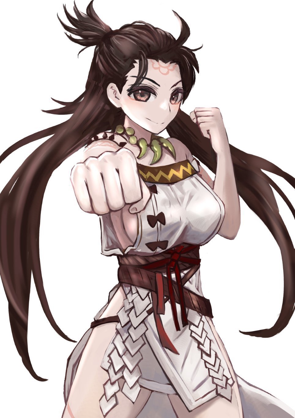 1girl bare_shoulders body_markings breasts brown_eyes brown_hair cleavage dress facial_mark fate/grand_order fate_(series) forehead forehead_mark highres himiko_(fate) large_breasts long_hair looking_at_viewer magatama magatama_necklace sanshi_(sannshi_34) sash side_slit sideboob smile thighs topknot twintails white_dress