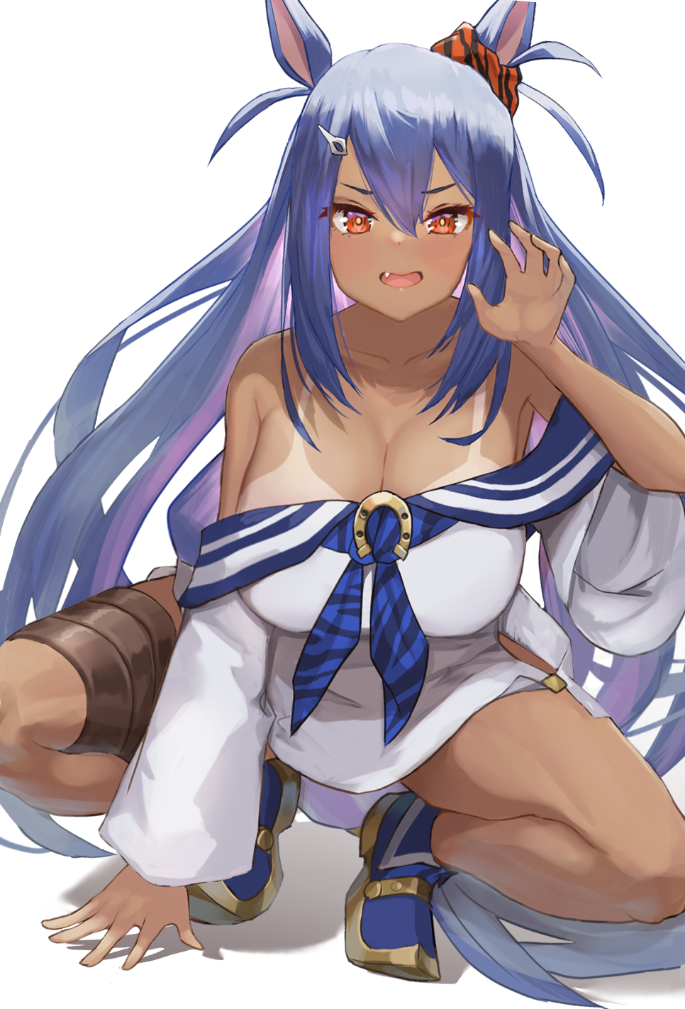 1girl animal_ears bare_shoulders blue_footwear blue_hair blush breasts cleavage collarbone commentary_request ear_ornament fang hair_between_eyes highres hishi_amazon_(umamusume) horse_ears horse_girl horse_tail large_breasts long_hair off-shoulder_shirt off_shoulder open_mouth plaster_(2501) red_eyes red_scrunchie scrunchie shirt shoes simple_background solo squatting tail tan tanlines thigh_strap umamusume very_long_hair white_background white_shirt