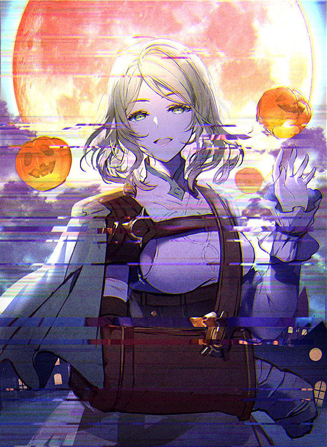 1girl arm_sling banned_artist belt blonde_hair breasts building capelet cast cloud commentary corset glitch grace_(granblue_fantasy) granblue_fantasy hand_up jack-o'-lantern looking_at_viewer medium_breasts moon night open_mouth shirt short_hair skirt smile solo tsukumi_(tkmillust) turtleneck upper_body waving white_shirt yellow_eyes