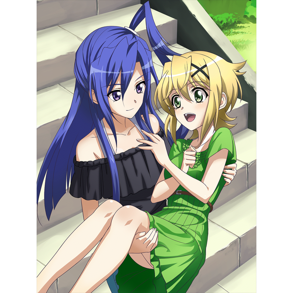 2girls akatsuki_kirika artist_request black_dress blonde_hair blue_hair blush breasts carrying closed_mouth collarbone dress eyebrows_visible_through_hair green_eyes hair_ornament kazanari_tsubasa looking_at_another multiple_girls official_art open_mouth outdoors princess_carry purple_eyes senki_zesshou_symphogear senki_zesshou_symphogear_xd_unlimited shiny shiny_hair short_hair short_sleeves small_breasts smile stairs x_hair_ornament yuri