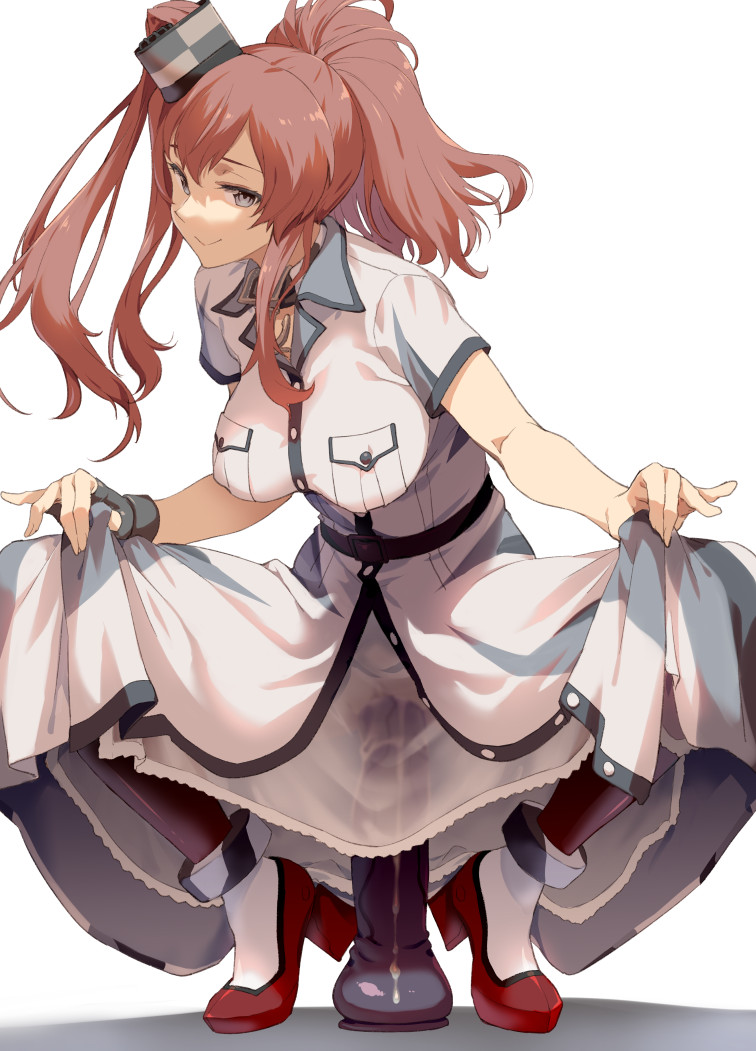 1girl belt breast_pocket breasts brown_hair commentary dildo dress full_body grey_eyes high_heels impossible_clothes kantai_collection large_breasts long_hair looking_at_viewer pocket ponytail saratoga_(kancolle) see-through sex_toy short_sleeves side_ponytail sidelocks simple_background skirt_hold smile smokestack_hair_ornament solo squatting takemura_sessyu tiptoes white_background white_dress