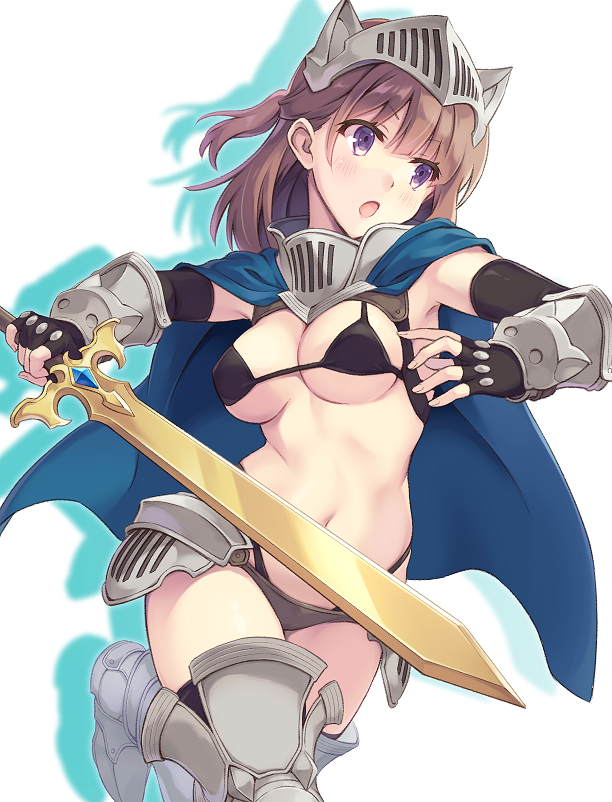 1girl :o armor armored_boots armpits bangs bikini bikini_armor black_bikini black_gloves black_legwear blue_cape boots breasts brown_hair cape cleavage colored_shadow commentary_request cowboy_shot drop_shadow elbow_gloves eyebrows_visible_through_hair faulds fingerless_gloves gauntlets gloves hair_between_eyes half_updo helmet highleg highleg_bikini holding holding_sword holding_weapon itoichi. layered_bikini long_hair medium_breasts navel open_mouth original purple_eyes shadow sidelocks solo standing standing_on_one_leg stomach swimsuit sword thighhighs underboob visor_(armor) weapon white_background