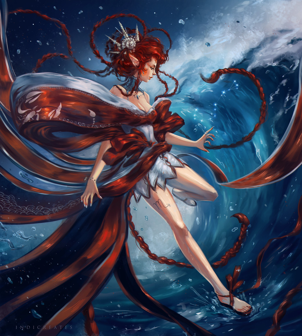 1girl absurdly_long_hair artist_name braid breasts cleavage dress full_body hair_ornament indicreates jewelry long_hair medium_breasts original outdoors pointy_ears red_hair ring sandals scorpio scorpion_print very_long_hair water waving white_nails