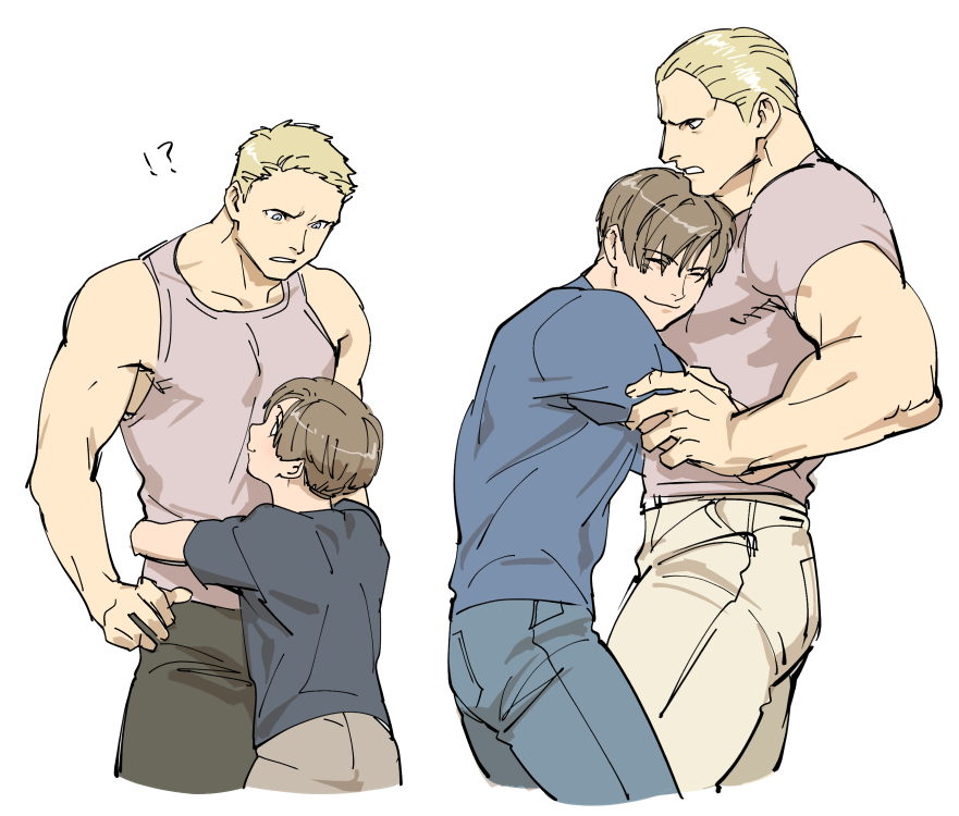 !? 2boys age_difference bangs bara blonde_hair brown_hair child closed_eyes closed_mouth couple hug jack_krauser leon_s._kennedy looking_at_another male_focus multiple_boys muscular muscular_male pants psmhbpiuczn resident_evil resident_evil_4 resident_evil_darkside_chronicles shirt short_hair smile tank_top white_background yaoi