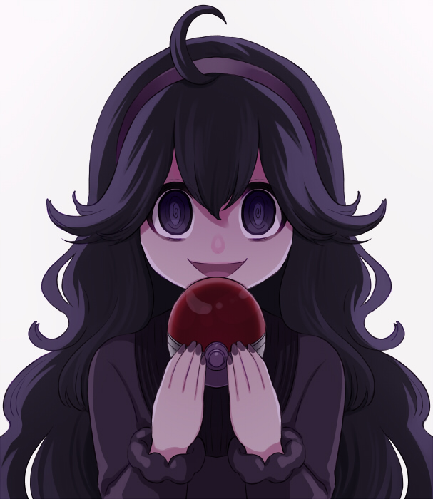 1girl :d @_@ ahoge bangs black_hair commentary_request dress hairband hands_up hex_maniac_(pokemon) holding holding_poke_ball long_hair long_sleeves looking_at_viewer messy_hair nail_polish open_mouth poke_ball poke_ball_(basic) pokemon pokemon_(game) pokemon_xy sasamaru_chimaki smile solo tongue