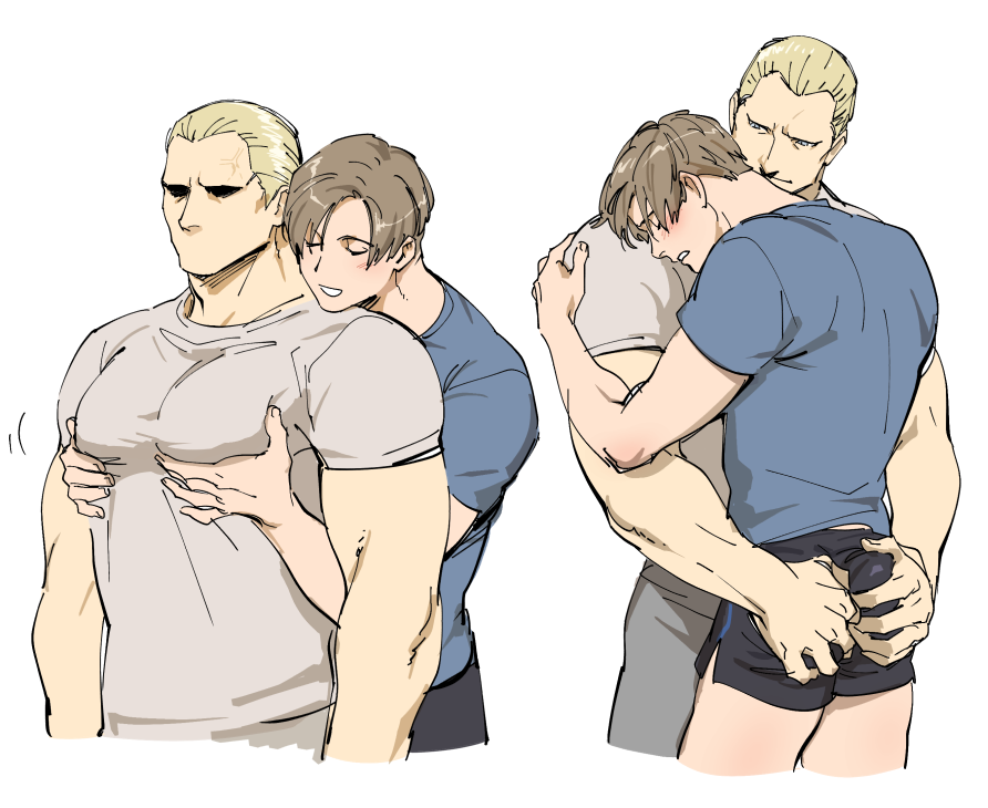 2boys ass ass_grab bangs bara blonde_hair brown_hair closed_eyes couple dolphin_shorts grabbing grabbing_another's_ass grabbing_from_behind groping hug jack_krauser large_pectorals leon_s._kennedy looking_at_another male_focus multiple_boys muscular muscular_male pectoral_grab pectorals psmhbpiuczn resident_evil resident_evil_4 resident_evil_darkside_chronicles shirt short_hair shorts white_background yaoi