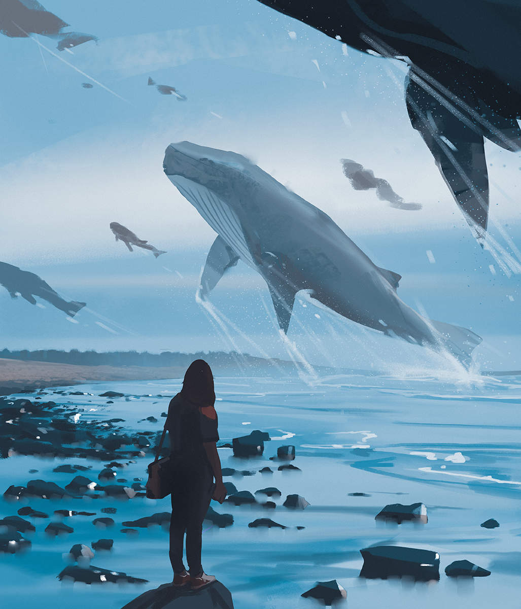 1girl animal bag beach blue_sky blue_whale flying_whale highres ocean original outdoors painting rock scenery sky snatti surfacing surreal water whale