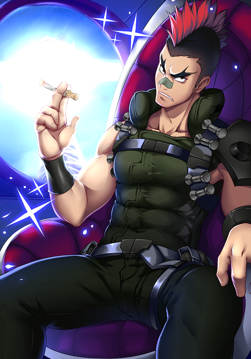 1boy bandaid bandaid_on_nose bara black_hair chest_harness cigarette covered_abs cum feet_out_of_frame harness head_tilt highres kashi_kosugi kill_la_kill kinagase_tsumugu long_sideburns looking_at_viewer male_focus mohawk multicolored_hair muscular muscular_male pectorals red_hair short_hair sideburns sleeveless solo sparkle thighs two-tone_hair