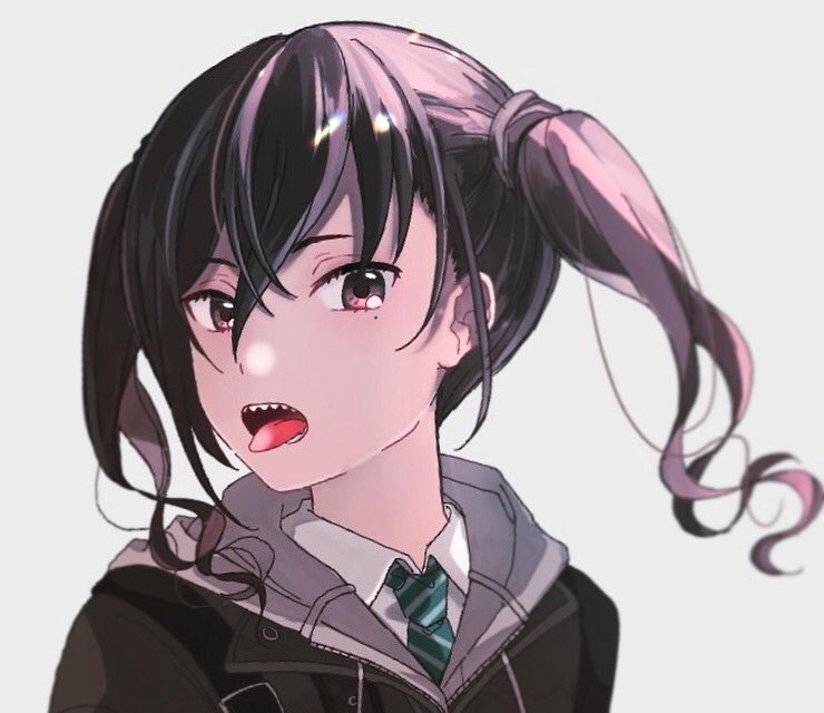 1girl :o bangs black_hair black_jacket blurry brown_eyes collared_shirt commentary_request depth_of_field green_neckwear grey_background hair_between_eyes hood hood_down hooded_jacket idolmaster idolmaster_cinderella_girls jacket long_hair looking_at_viewer mole mole_under_eye necktie open_mouth riuha_dia sharp_teeth shirt simple_background solo striped striped_neckwear sunazuka_akira teeth tongue tongue_out twintails upper_body wavy_hair white_shirt