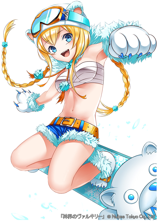 1girl :d animal_ear_headwear animal_hands armpits belt blonde_hair blue_eyes blue_pants chest_sarashi copyright_name full_body fur_trim gloves goggles goggles_on_head helmet navel official_art pants paw_gloves paw_shoes sarashi shinkai_no_valkyrie short_shorts shorts simple_background smile snowboard solo twintails white_background yellow_belt yoshino35