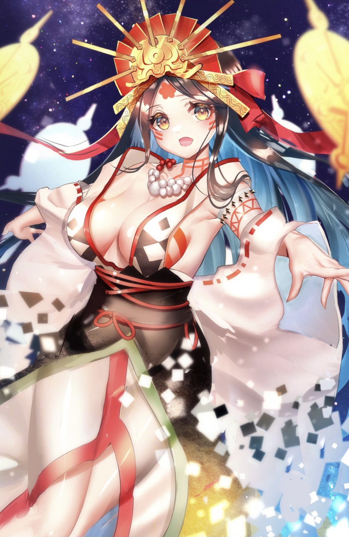 1girl bare_shoulders bead_necklace beads body_markings breasts brown_hair chiachun0621 cleavage collarbone facial_mark fate/grand_order fate_(series) forehead forehead_mark headpiece highres himiko_(fate) japanese_clothes jewelry kimono large_breasts long_hair looking_at_viewer mirror necklace night night_sky off_shoulder open_mouth sash sky smile solo star_(sky) starry_sky thighs topknot twintails white_kimono yellow_eyes