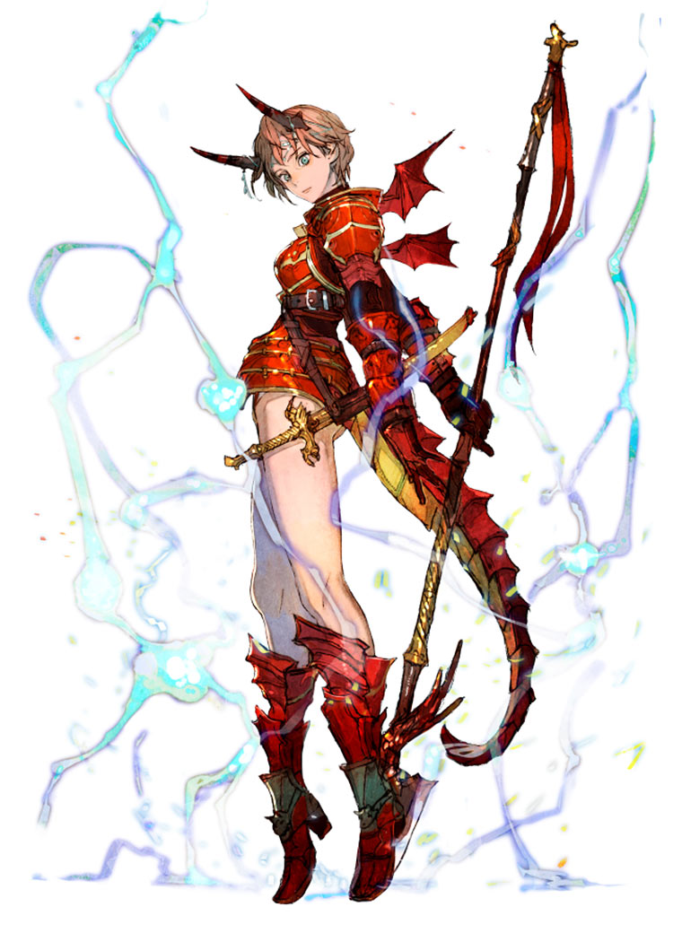 1girl aelia alternate_costume armor armored_boots boots dragon_horns dragon_tail holding holding_weapon horns official_art orange_hair red_armor short_hair tail third-party_source valkyrie_profile valkyrie_profile_anatomia weapon