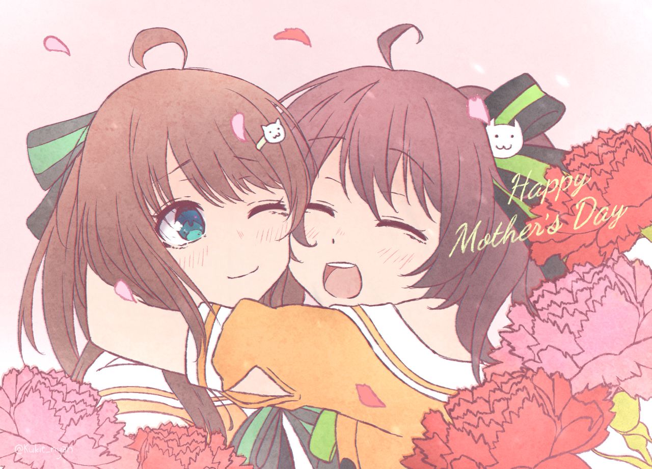 2girls :d ahoge brown_hair cheek-to-cheek closed_eyes commentary english_commentary flower green_eyes green_ribbon hair_ornament hairclip heads_together hololive hug kukie-nyan ma_matsuri mother's_day mother_and_daughter multiple_girls natsuiro_matsuri neck_ribbon one_eye_closed open_mouth red_flower ribbon shirt short_sleeves smile virtual_youtuber yellow_shirt