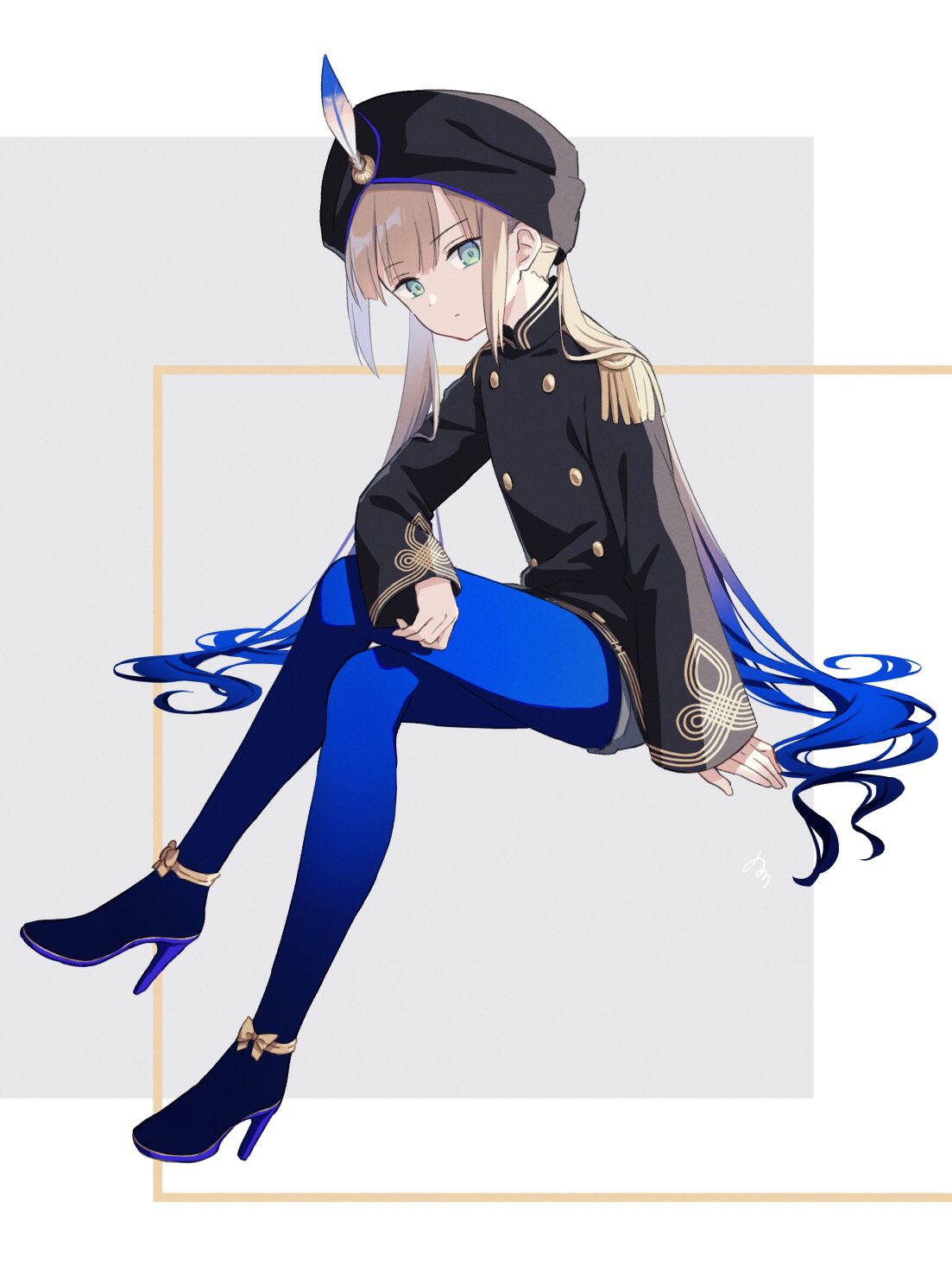 arm_support bangs black_headwear blue_hair blue_legwear buttons commentary_request crossed_legs double-breasted eyebrows_visible_through_hair fate/grand_order fate_(series) from_side gender_request gradient_hair grey_background high_heels highres long_hair long_sleeves looking_at_viewer multicolored_hair nemo_(fate) nonono pantyhose shiny shiny_hair shorts sitting turban twintails two-tone_background white_background